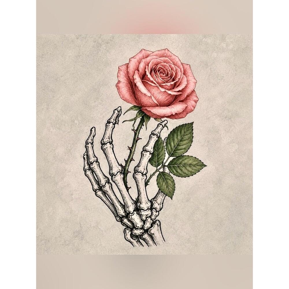 8x8 Black Framed Skeleton Hand & Pink Rose Wall Art Print